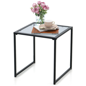 Tempered Glass Side Table with Metal Frame for Indoor and Outdoor