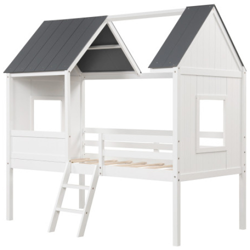 Twin Size Kids House Bed Low Loft Bed Frame with Roof-White