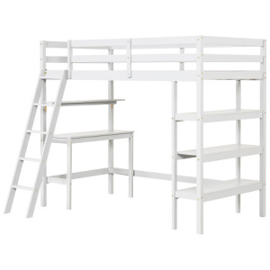 Twin Size Loft Bed with Desk and Bookshelves for Kids and Teens-White