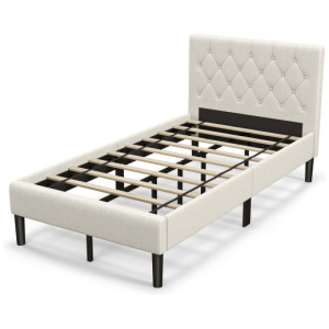 Twin Size Upholstered Platform Bed with Button Tufted Headboard-Beige