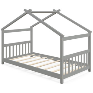 Twin Size Wooden House Bed with Roof-Gray