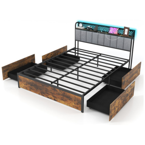 Twin/Full/Queen Bed Frame with LED Lights, Upholstered Headboard and 4 Storage Drawers-Queen Size