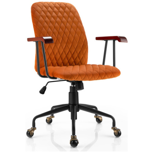 Velvet Home Office Chair with Wooden Armrest Orange