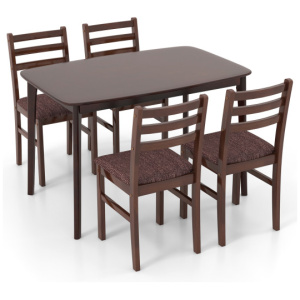 Vintage Wooden Dining Table Set for 4 with Padded Seat and Curved Backrest