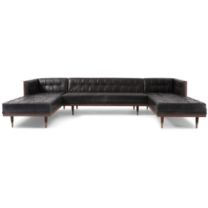 Woodrow Box 126" Leather Sofa U-Sectional, Walnut/Saddle Black