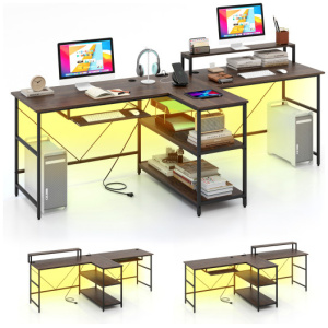 2-Person Reversible Computer Desk Long Office Desk with LED Lights-Walnut