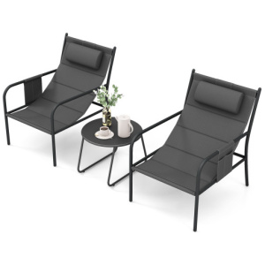 3 Piece Outdoor Bistro Set Patio Metal Chair and Coffee Table Set-Gray