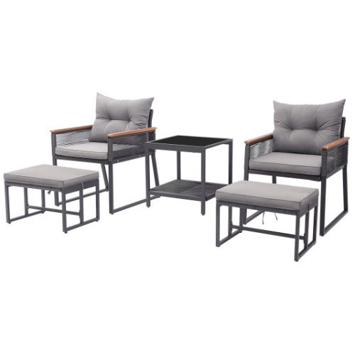 5 Piece Outdoor Rattan Conversation Set with 2-Layer Side Table and 2 Ottomans-Gray