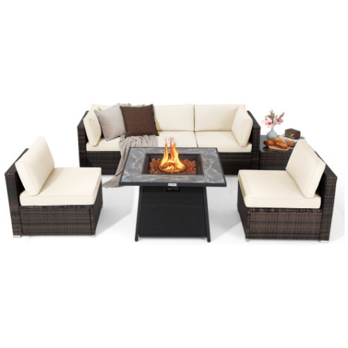 7 Pieces Patio Furniture Set with 35 Inches 50000 BTU Propane Gas Fire Pit Table and Waterproof Cover for Firpit-White