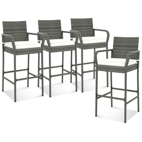 All Weather PE Rattan Bar Chairs Set of 4 with Armrests and Seat Cushions for Porch Backyard