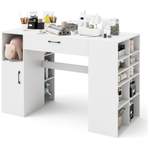 Counter Height Sewing Craft Table Computer Desk with Adjustable Shelves and Drawer-White