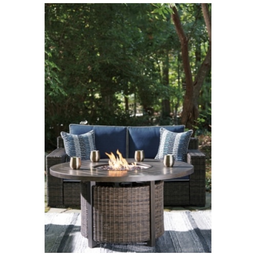 Grasson Lane Outdoor Loveseat with Fire Pit Table, Brown/Blue