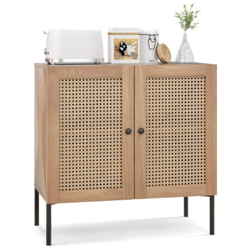 Kitchen Sideboard with 2 Rattan Doors and Adjustable Shelf-Natural