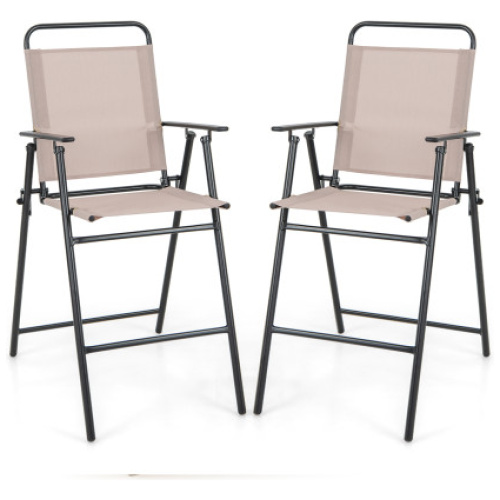 Set of 2 Patio Folding Bar-Height Chairs with Armrests and Quick-Drying Seat-Beige