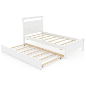 Twin Size Wooden Bed Frame with Trundle for Teens and Adults-White