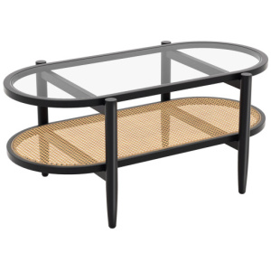 2-Tier Coffee Table with Tempered Glass Tabletop and Acacia Wood Frame-Black