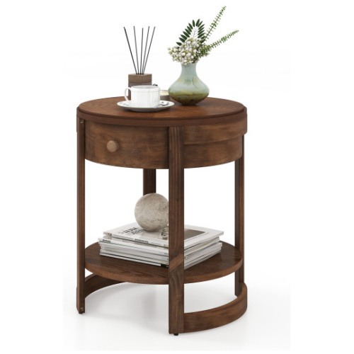 2-Tier Round End Table Mid Century Modern Nightstand with Drawer and Shelf