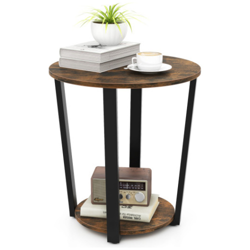 2-tier Round End Table with Storage Shelf and Metal Frame-Brown