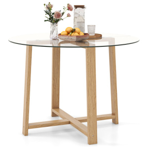 42 Inches Round Glass Dining Table with Tempered Glass Tabletop and Rubber Wood Legs-Natural