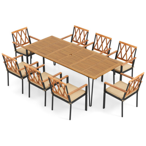 Acacia Wood Outdoor Furniture Set 9 Pieces Patio Dining Set with 8 Chairs