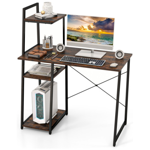 Computer Desk with Shelves and 3-Tier Storage Bookshelf-Brown