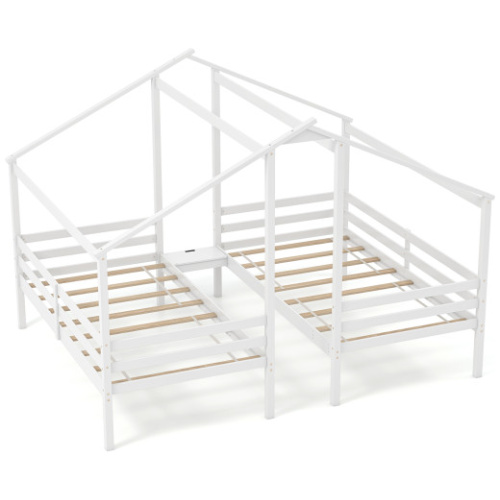 Double Twin Size Wooden Bed Frames with Built-in Table for Kids-White