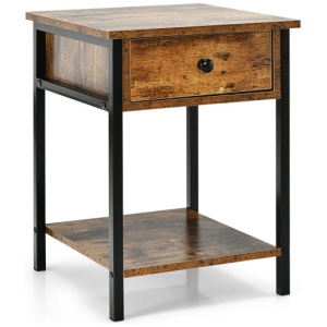 Industrial End Side Table Nightstand with Drawer Shelf-Rustic Brown