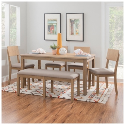 Linon Jocey Dining Table and 4 Chairs and Bench Set, Graywash