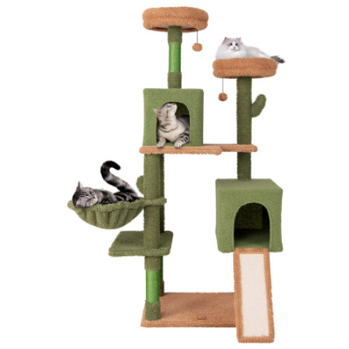 Multi-level Cactus Cat Tree with Scratching Posts Ladder Double Condos and Toys Bed-Green