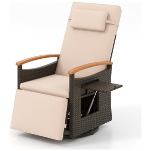 Patio Rattan 360° Swivel Recliner Chair with Adjustable Backrest and Footrest-Beige