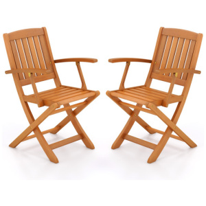 Patio Wood Folding Chair Set of 2 with Armrests and Slatted Seat