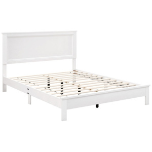 Queen Size Bed Frame Platform Slat High Headboard Bedroom with Rubber Wood Leg-White