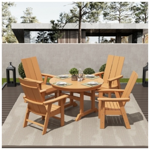 Shoreside Outdoor Curveback Adirondack Round Table and 4 Chairs, Teak