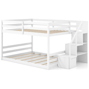 Solid Wood Full Over Full Low Bunk Bed with Storage Stairs-White