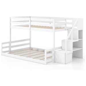 Solid Wood Twin Over Full Low Bunk Bed with Storage Stairs-White