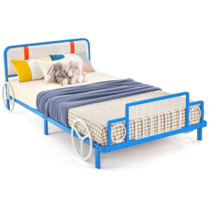 Twin Size Kids Bed Frame Car Shaped Metal Platform Bed with Upholstered Headboard