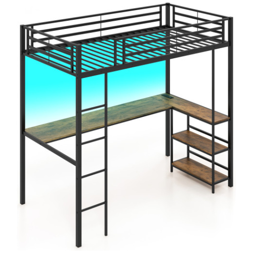 Twin Size Loft Bed Raised Platform Bed with Desk and 2 Storage Shelves-Black