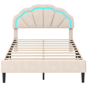 Upholstered LED Bed Frame with Adjustable Flower Headboard and Metal Support Feet-Full Size