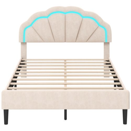 Upholstered LED Bed Frame with Adjustable Flower Headboard and Metal Support Feet-Full Size