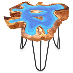 21 Inch Outdoor Epoxy Resin Teak Wood End Table with Irregular Tabletop