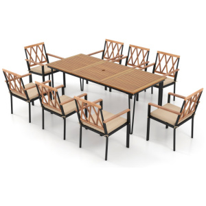 9-Piece Patio Dining Set 35.5 Inch Acacia Wood Table with Umbrella Hole and 22.5-Inch Wide Chairs