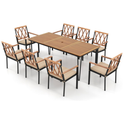 9-Piece Patio Dining Set 35.5 Inch Acacia Wood Table with Umbrella Hole and 22.5-Inch Wide Chairs