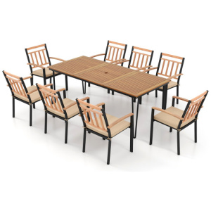 9-Piece Patio Dining Set 35.5 Inch Acacia Wood Table with Umbrella Hole and 24-Inch Wide Chairs