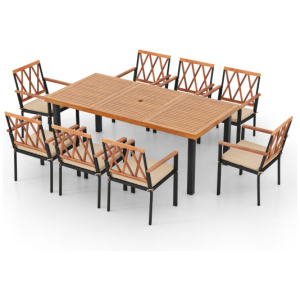 9 Pieces Patio Dining Set 39.5 Inch Acacia Wood Table with Umbrella Hole and 22.5-Inch Wide Chairs