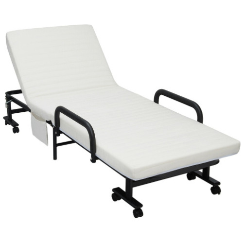 Folding Adjustable Guest Single Bed Lounge Portable with Wheels-White