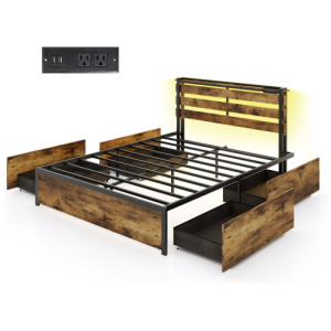 Full/Queen/Twin Size Bed Frame with Drawers LED Lights and USB Ports-Queen Size