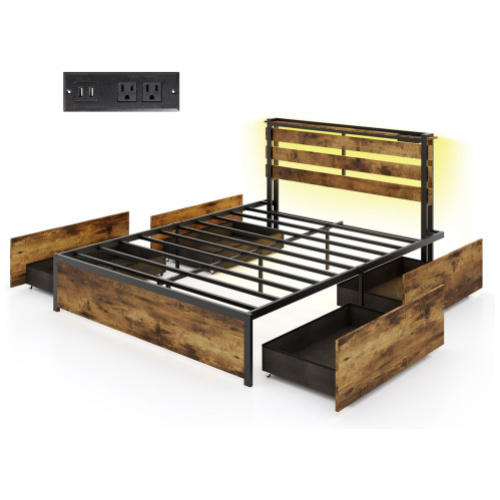 Full/Queen/Twin Size Bed Frame with Drawers LED Lights and USB Ports-Queen Size