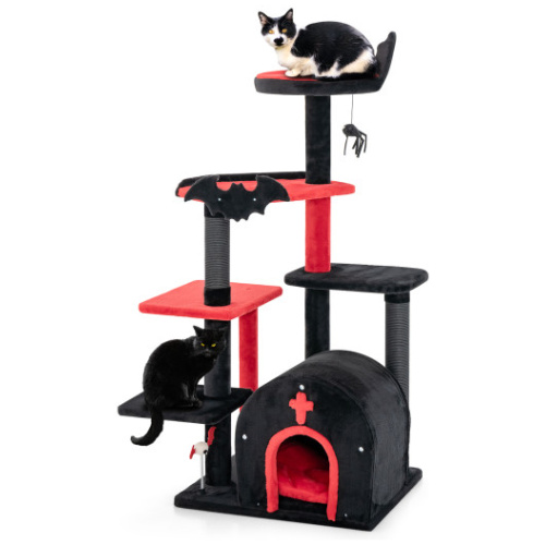 Gothic Cat Tree 53 Inch Tall Cat Tower with Cat Bed and Arch-Shaped Condo-Black