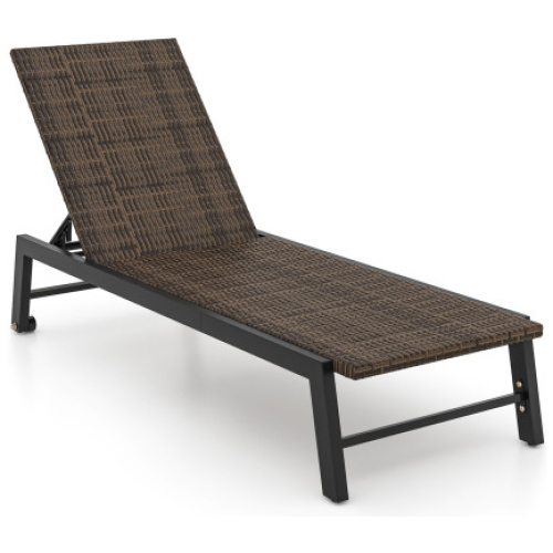 PE Wicker Patio Chaise Lounge Chair with Wheels for Poolside Backyard and Deck