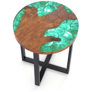 Solid Live Edge Round Teak Wood Outdoor End Table with Epoxy Resin Tabletop